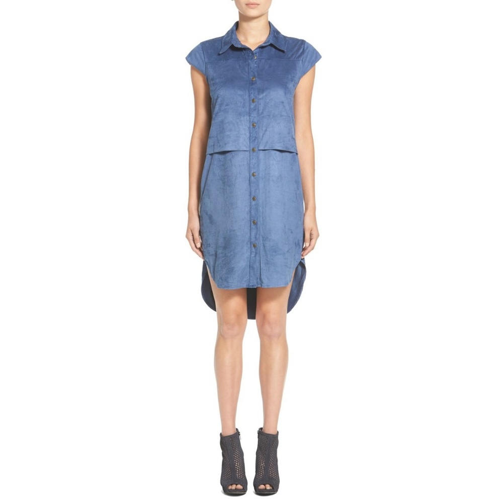 Leith Blue Faux Suede High Low Hem Shirt Dress